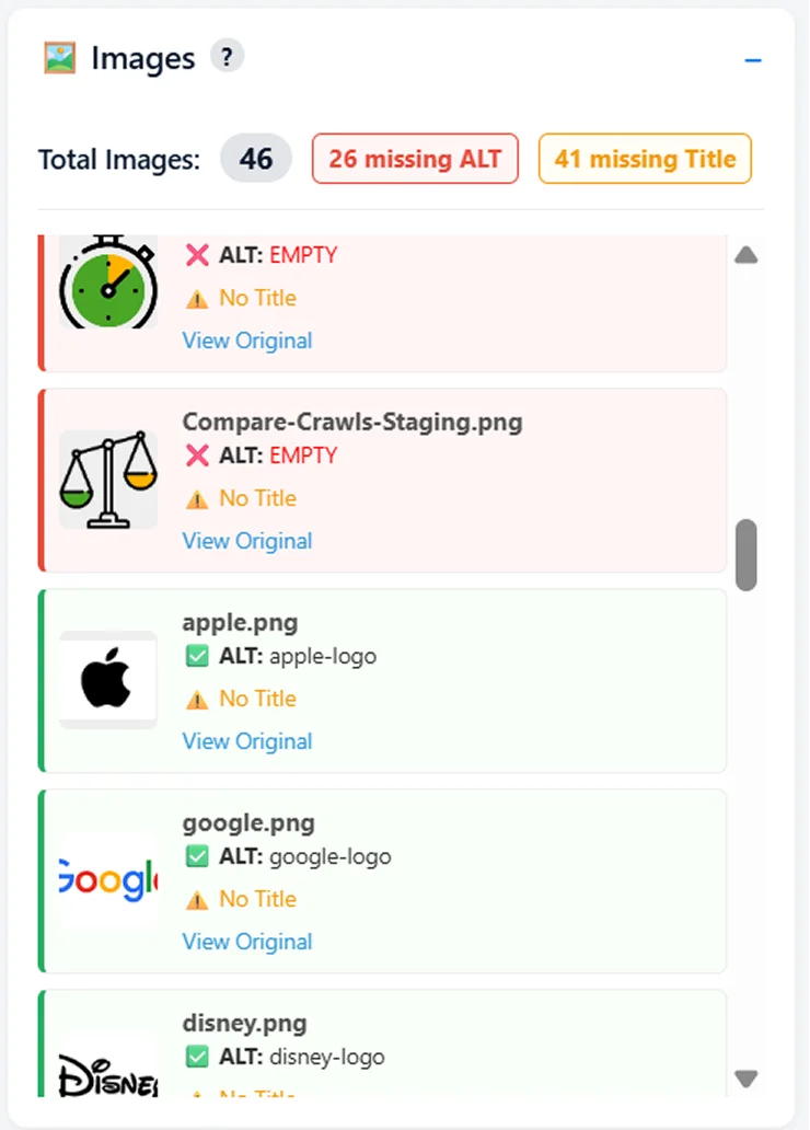 YAN SEO Images module showing 46 total images audited, with 26 missing ALT text highlighted in red and 41 missing title attributes in orange, listing each image with its thumbnail and accessibility status
