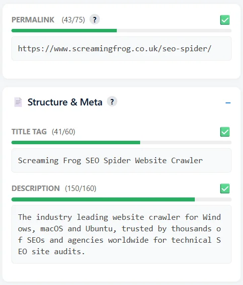 YAN SEO Structure and Meta module showing a permalink analyzer with 43 of 75 characters used, a title tag field with 41 of 60 characters showing a green progress bar, and a description field with 150 of 160 characters also in green